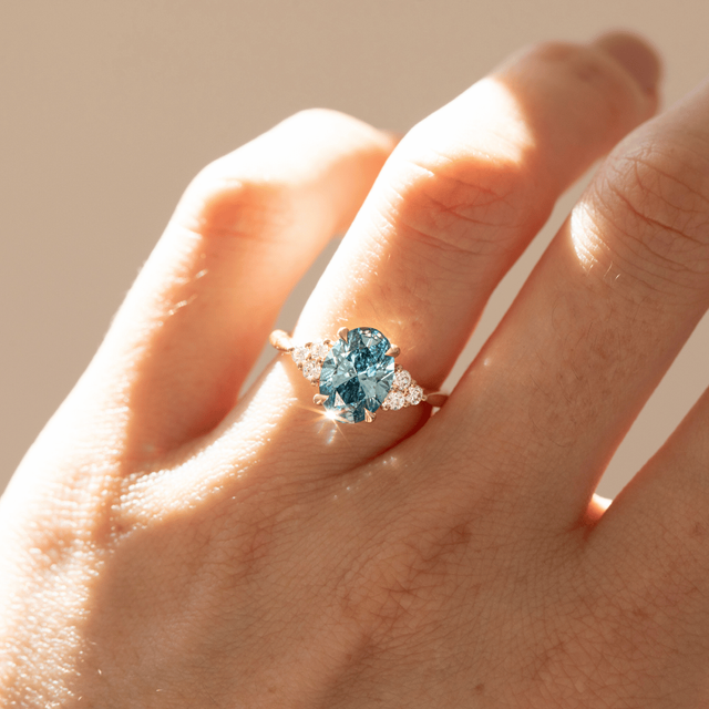 1.90 Carat Lab Grown Oval Blue Diamond Cluster Engagement Ring in Yellow Gold - Isabella