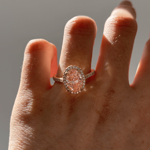 3.20 Carat Lab Grown Oval Pink Diamond Halo Engagement Ring in Yellow Gold - Maya