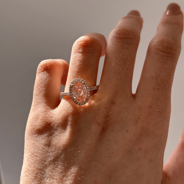 3.20 Carat Lab Grown Oval Pink Diamond Halo Engagement Ring in Yellow Gold - Maya