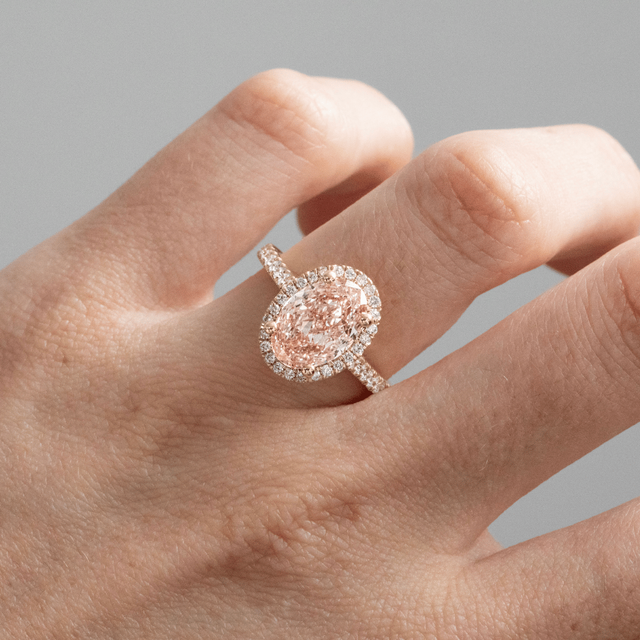 3.20 Carat Lab Grown Oval Pink Diamond Halo Engagement Ring in Yellow Gold - Maya