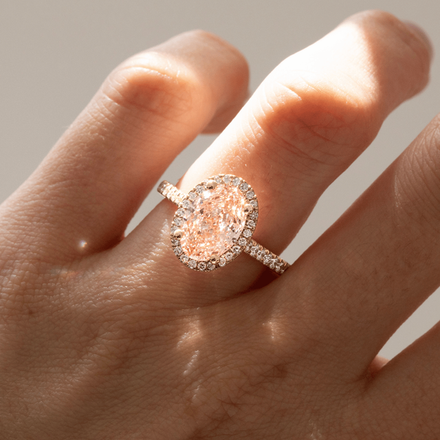 3.20 Carat Lab Grown Oval Pink Diamond Halo Engagement Ring in Yellow Gold - Maya