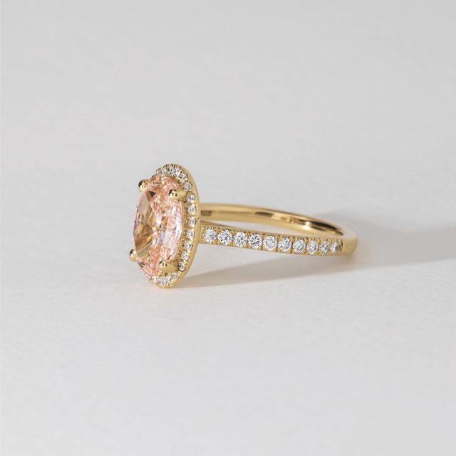 3.20 Carat Lab Grown Oval Pink Diamond Halo Engagement Ring in Yellow Gold - Maya