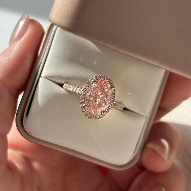 3.20 Carat Lab Grown Oval Pink Diamond Halo Engagement Ring in Yellow Gold - Maya
