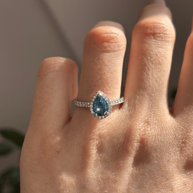 1.20 Carat Lab Grown Pear Blue Diamond Halo Engagement Ring in White Gold - Maya