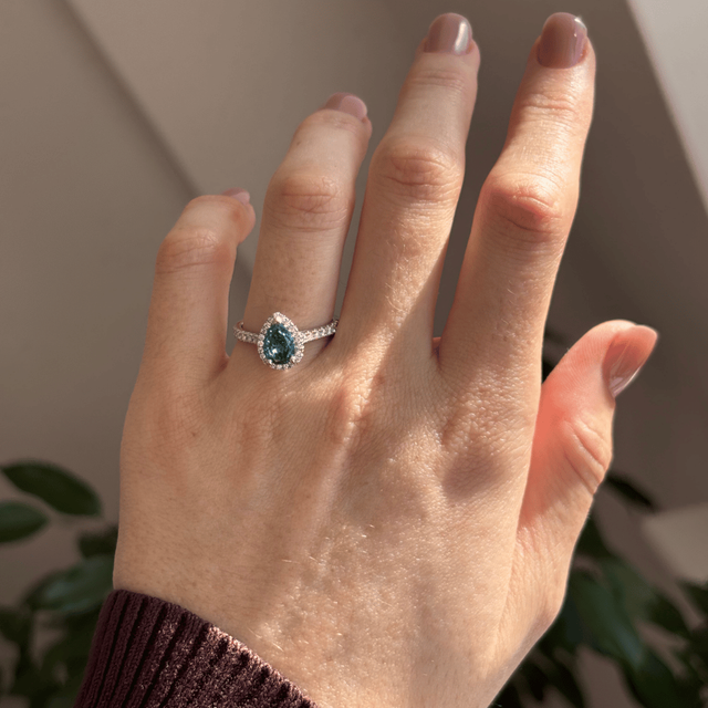 1.20 Carat Lab Grown Pear Blue Diamond Halo Engagement Ring in White Gold - Maya