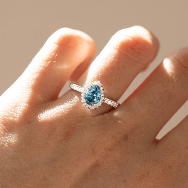 1.20 Carat Lab Grown Pear Blue Diamond Halo Engagement Ring in White Gold - Maya