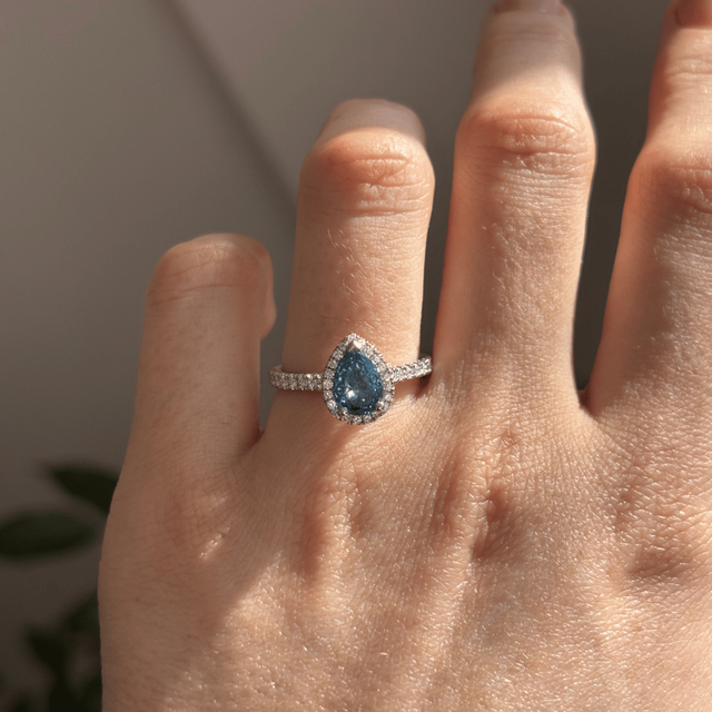 1.20 Carat Lab Grown Pear Blue Diamond Halo Engagement Ring in White Gold - Maya