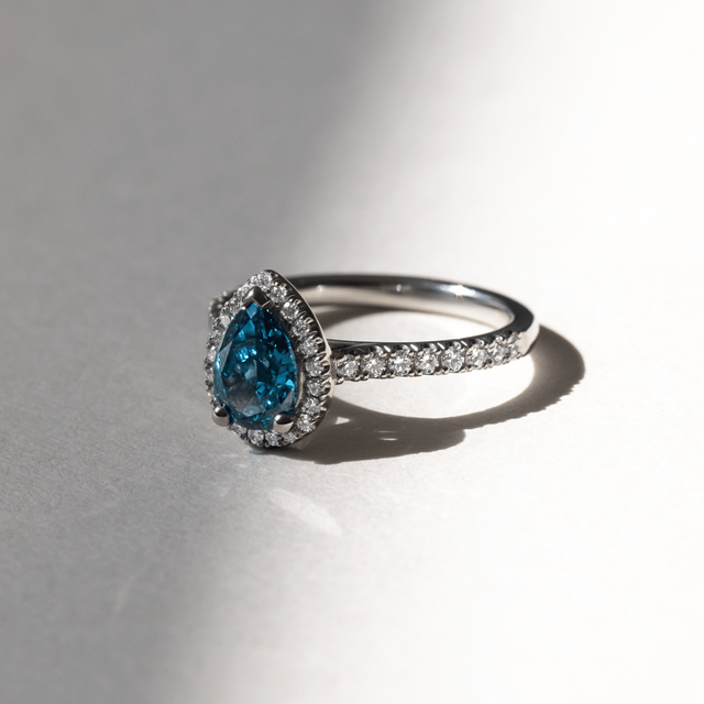 1.20 Carat Lab Grown Pear Blue Diamond Halo Engagement Ring in White Gold - Maya