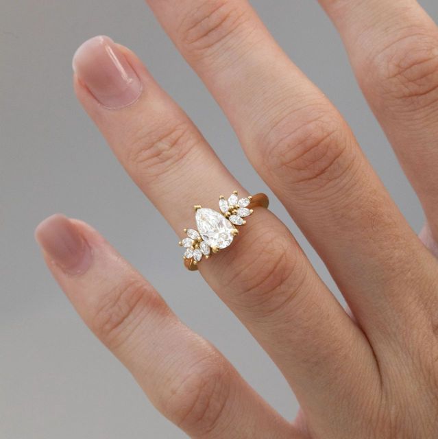1 Carat Lab Grown Pear Diamond Cluster Engagement Ring in Yellow Gold - Anastasia