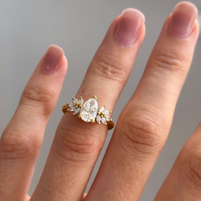 1 Carat Lab Grown Pear Diamond Cluster Engagement Ring in Yellow Gold - Anastasia