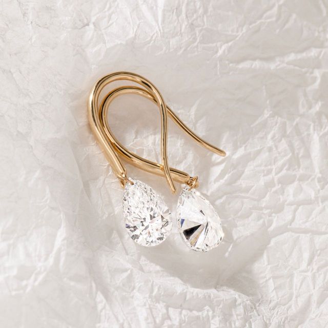 3 Carat Lab Grown Pear Shape Floating Drop Earrings in Yellow Gold