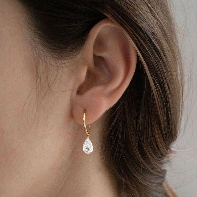 3 Carat Lab Grown Pear Shape Floating Drop Earrings in Yellow Gold