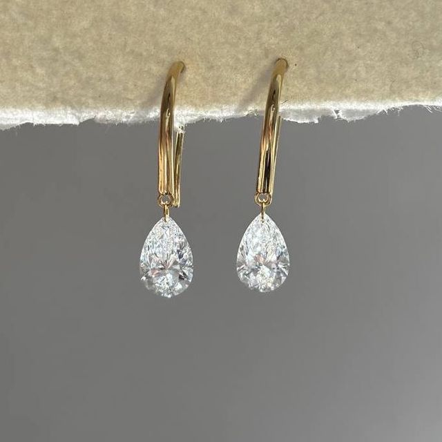 3 Carat Lab Grown Pear Shape Floating Drop Earrings in Yellow Gold
