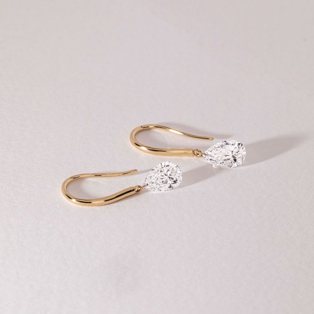 3 Carat Lab Grown Pear Shape Floating Drop Earrings in Yellow Gold