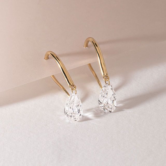 3 Carat Lab Grown Pear Shape Floating Drop Earrings in Yellow Gold
