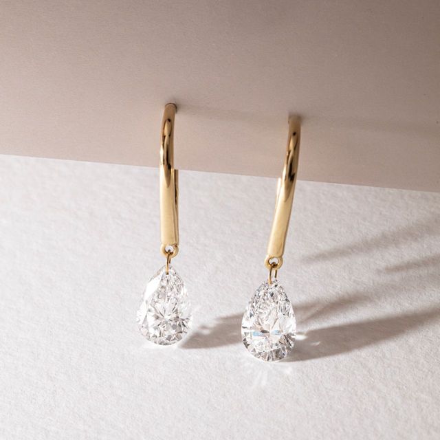 3 Carat Lab Grown Pear Shape Floating Drop Earrings in Yellow Gold