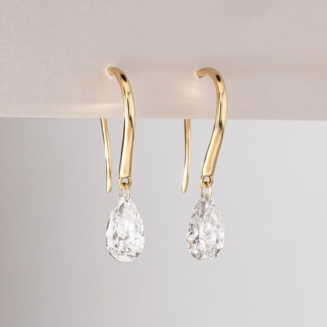 3 Carat Lab Grown Pear Shape Floating Drop Earrings in Yellow Gold