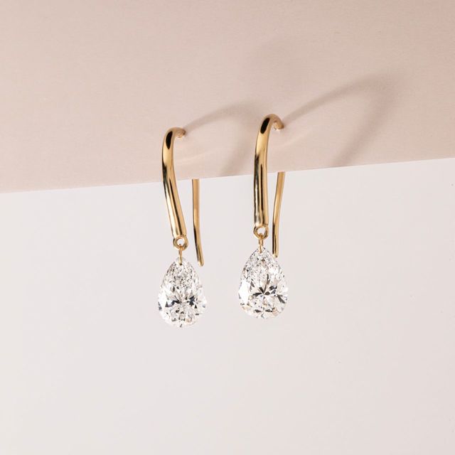 3 Carat Lab Grown Pear Shape Floating Drop Earrings in Yellow Gold