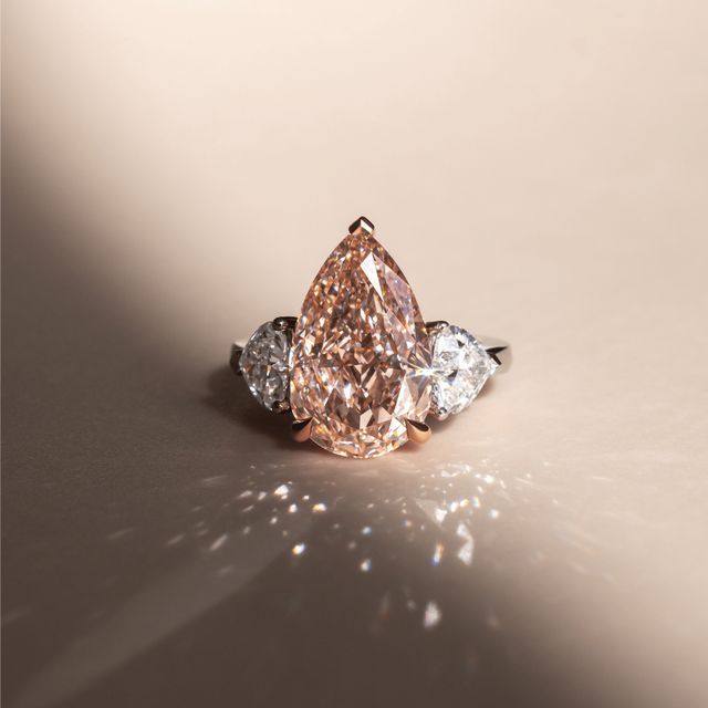 7.30 Carat Lab Grown Pear Pink Diamond Trilogy Engagement Ring in Platinum - Nimi