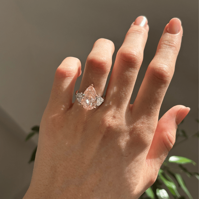 7.30 Carat Lab Grown Pear Pink Diamond Trilogy Engagement Ring in Platinum - Nimi