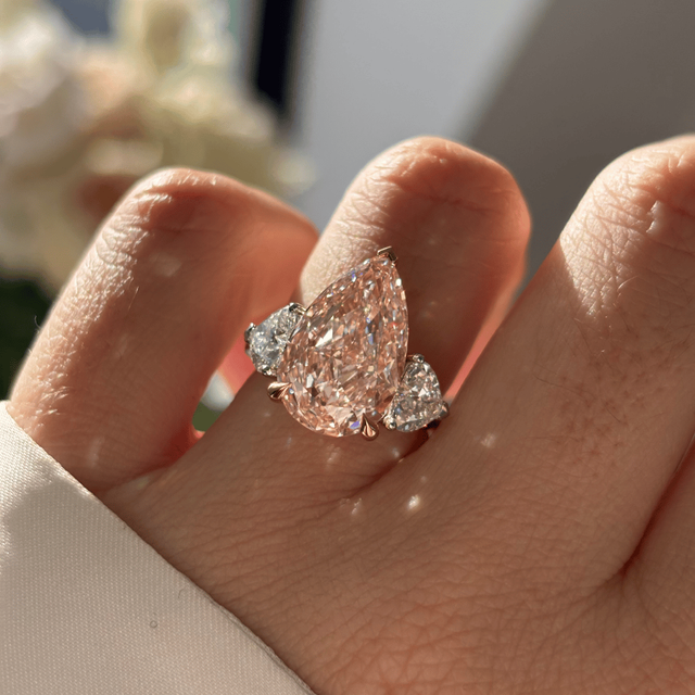 7.30 Carat Lab Grown Pear Pink Diamond Trilogy Engagement Ring in Platinum - Nimi