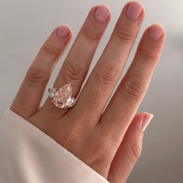 7.30 Carat Lab Grown Pear Pink Diamond Trilogy Engagement Ring in Platinum - Nimi