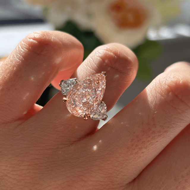 7.30 Carat Lab Grown Pear Pink Diamond Trilogy Engagement Ring in Platinum - Nimi
