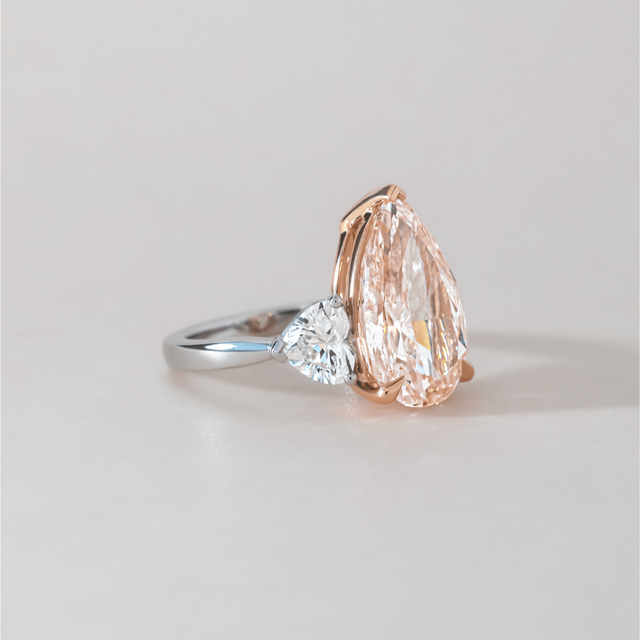 7.30 Carat Lab Grown Pear Pink Diamond Trilogy Engagement Ring in Platinum - Nimi