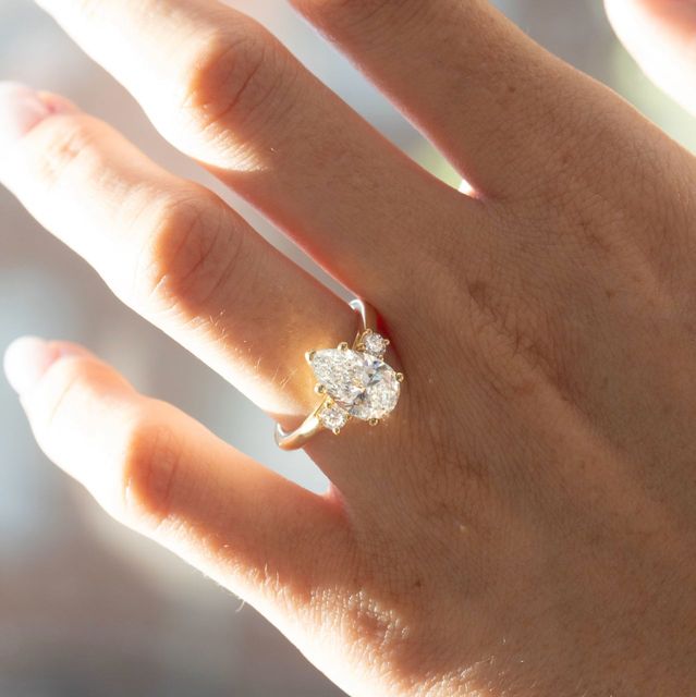 2.50 Carat Lab Grown Pear Diamond Trilogy Engagement Ring in Yellow Gold - Rohini