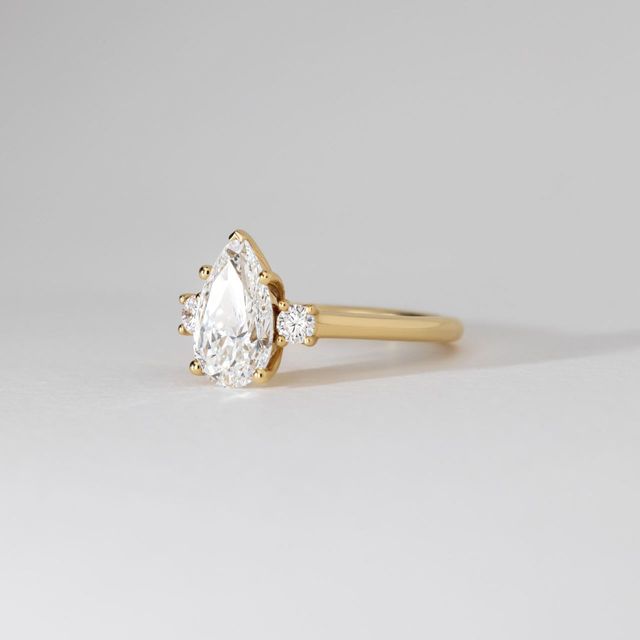 2.50 Carat Lab Grown Pear Diamond Trilogy Engagement Ring in Yellow Gold - Rohini