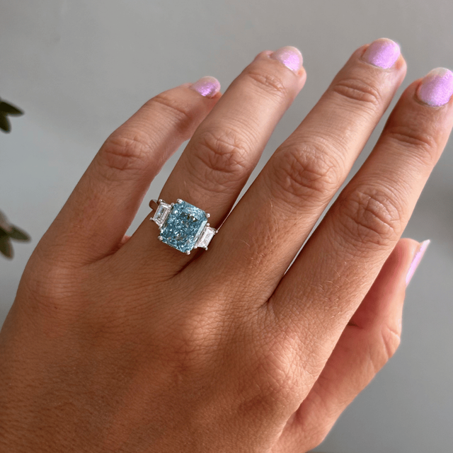 4.60 Carat Lab Grown Radiant Blue Diamond Trilogy Engagement Ring in Platinum - Bespoke
