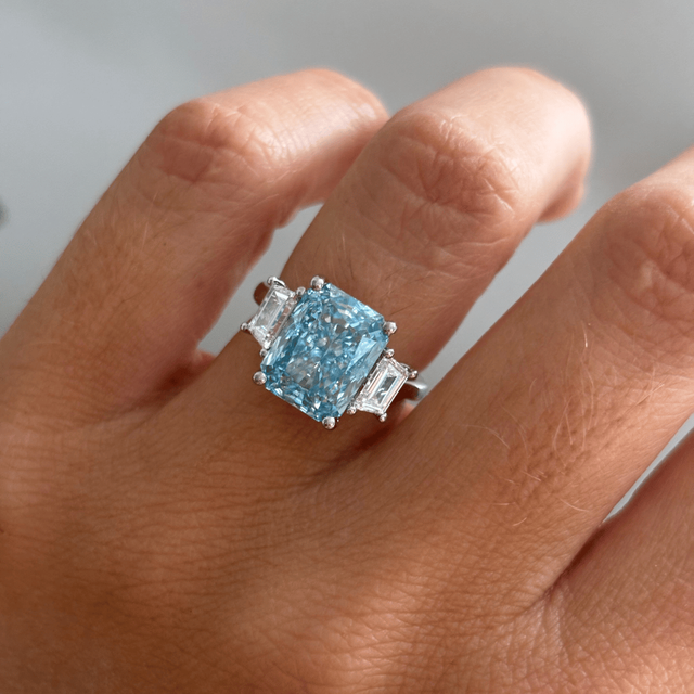 4.60 Carat Lab Grown Radiant Blue Diamond Trilogy Engagement Ring in Platinum - Bespoke