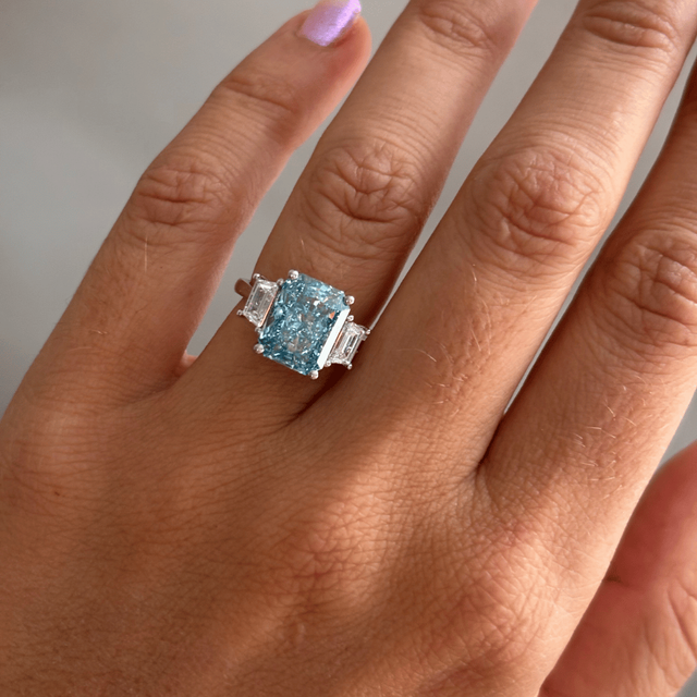4.60 Carat Lab Grown Radiant Blue Diamond Trilogy Engagement Ring in Platinum - Bespoke