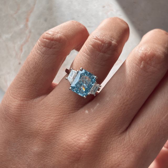 4.60 Carat Lab Grown Radiant Blue Diamond Trilogy Engagement Ring in Platinum - Bespoke