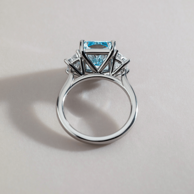 4.60 Carat Lab Grown Radiant Blue Diamond Trilogy Engagement Ring in Platinum - Bespoke