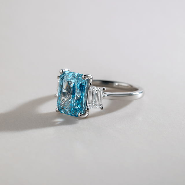 4.60 Carat Lab Grown Radiant Blue Diamond Trilogy Engagement Ring in Platinum - Bespoke
