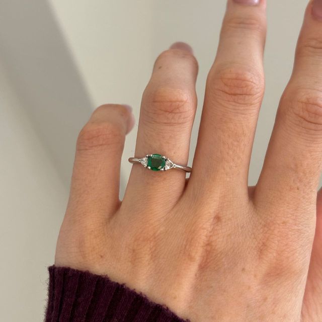 0.30 Carat Natural Round Green Emerald Trilogy Engagement Ring in White Gold - Bespoke