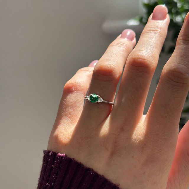 0.30 Carat Natural Round Green Emerald Trilogy Engagement Ring in White Gold - Bespoke