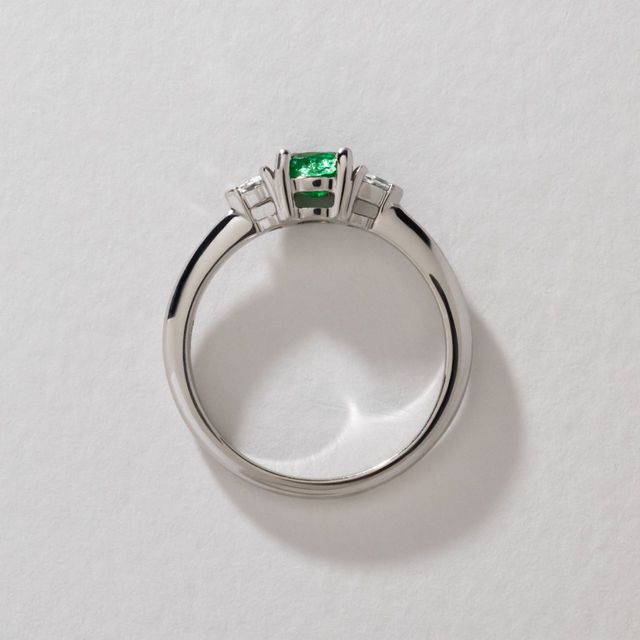 0.30 Carat Natural Round Green Emerald Trilogy Engagement Ring in White Gold - Bespoke