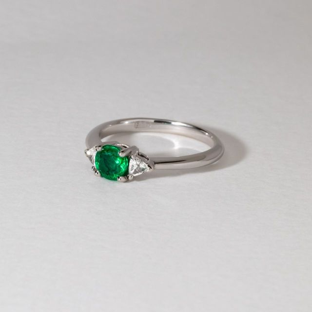 0.30 Carat Natural Round Green Emerald Trilogy Engagement Ring in White Gold - Bespoke