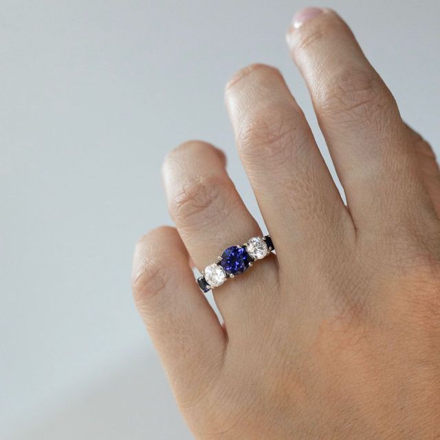 2 Carat Lab Grown Round Blue Sapphire Five Stone Engagement Ring in Platinum
