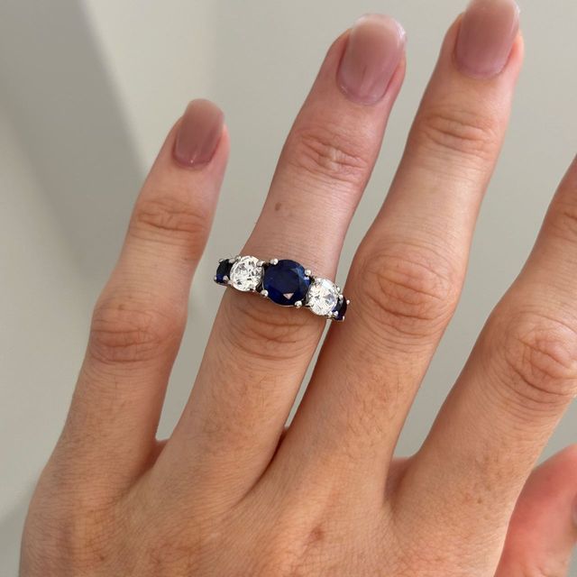 2 Carat Lab Grown Round Blue Sapphire Five Stone Engagement Ring in Platinum