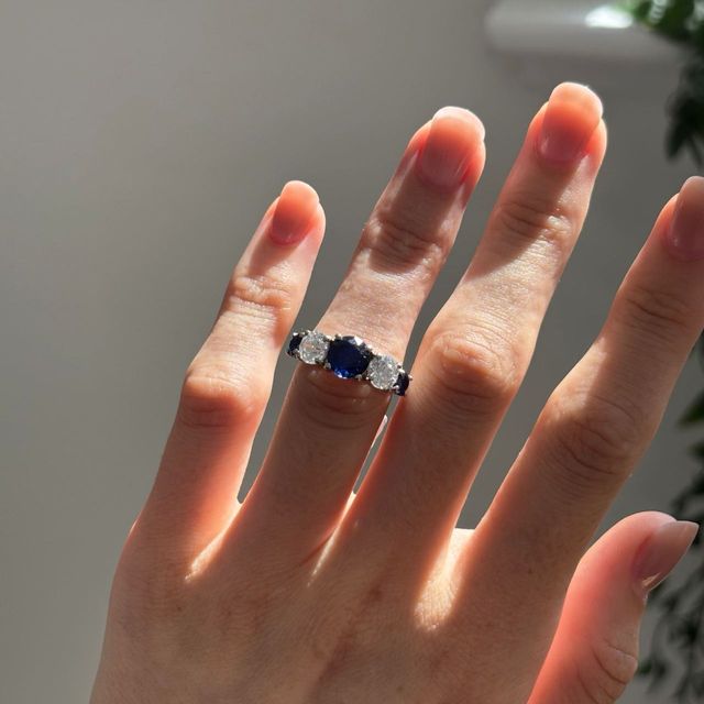 2 Carat Lab Grown Round Blue Sapphire Five Stone Engagement Ring in Platinum