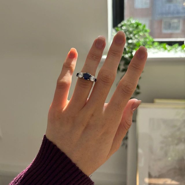 2 Carat Lab Grown Round Blue Sapphire Five Stone Engagement Ring in Platinum