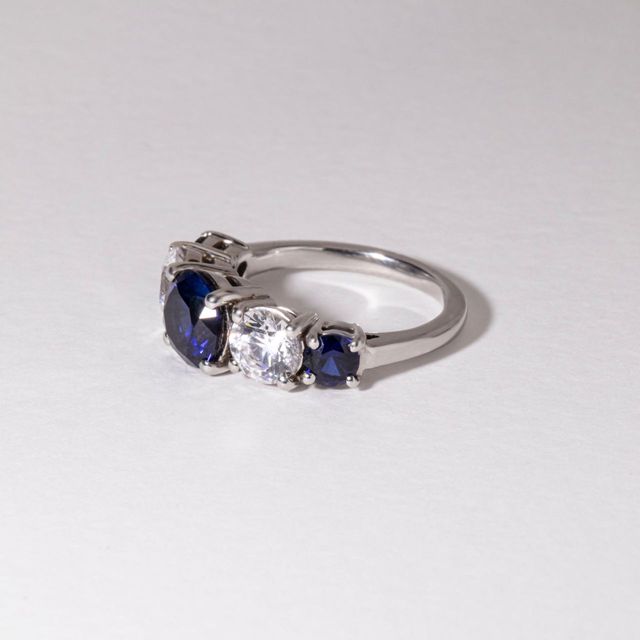 2 Carat Lab Grown Round Blue Sapphire Five Stone Engagement Ring in Platinum