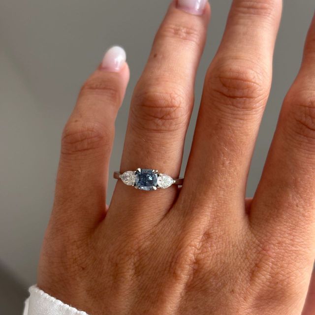 1 Carat Lab Grown Cushion Blue Diamond Trilogy Engagement Ring in Platinum - Vivian
