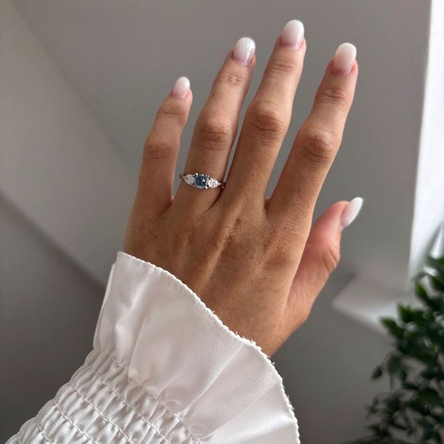 1 Carat Lab Grown Cushion Blue Diamond Trilogy Engagement Ring in Platinum - Vivian
