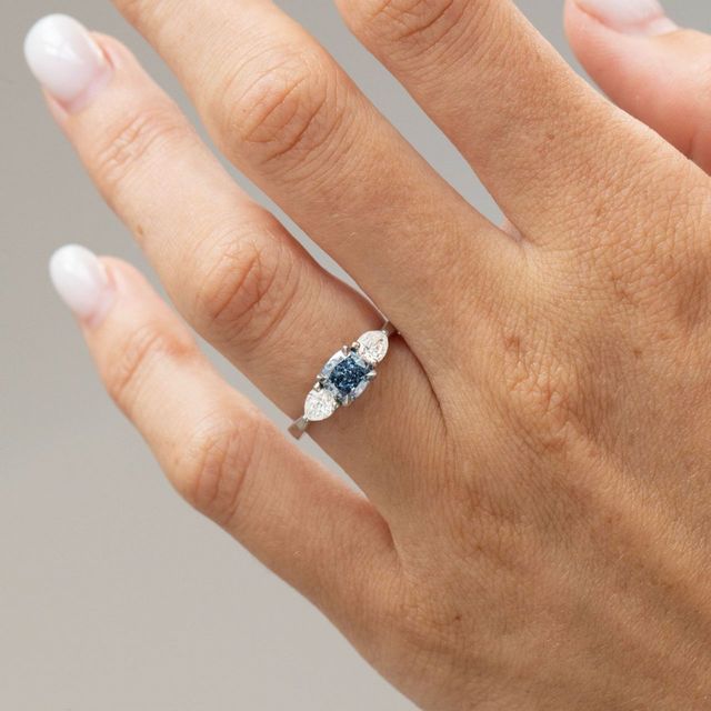 1 Carat Lab Grown Cushion Blue Diamond Trilogy Engagement Ring in Platinum - Vivian