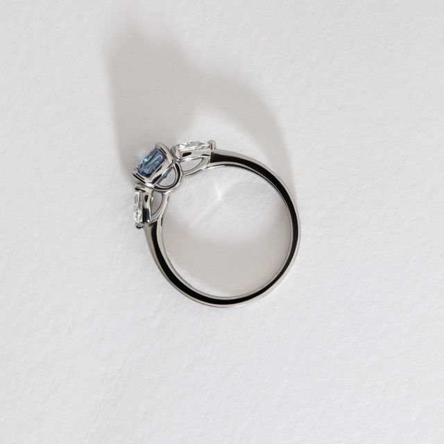 1 Carat Lab Grown Cushion Blue Diamond Trilogy Engagement Ring in Platinum - Vivian
