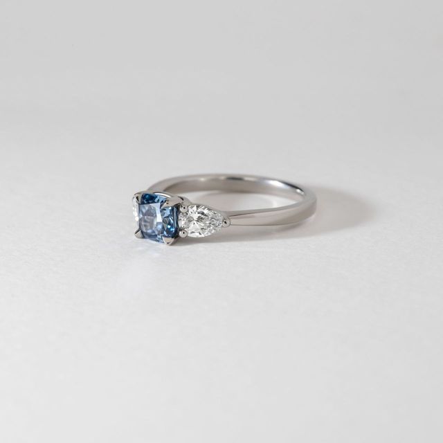 1 Carat Lab Grown Cushion Blue Diamond Trilogy Engagement Ring in Platinum - Vivian